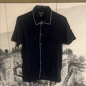 Todd Snyder Navy Montauk Button Down Polo with White Piping - S